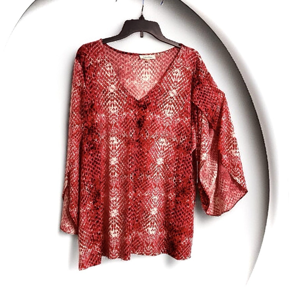 Calvin Klein Pullover Top 2X Snakeskin Print V Neck Split Sleeves Tunic Retro‎